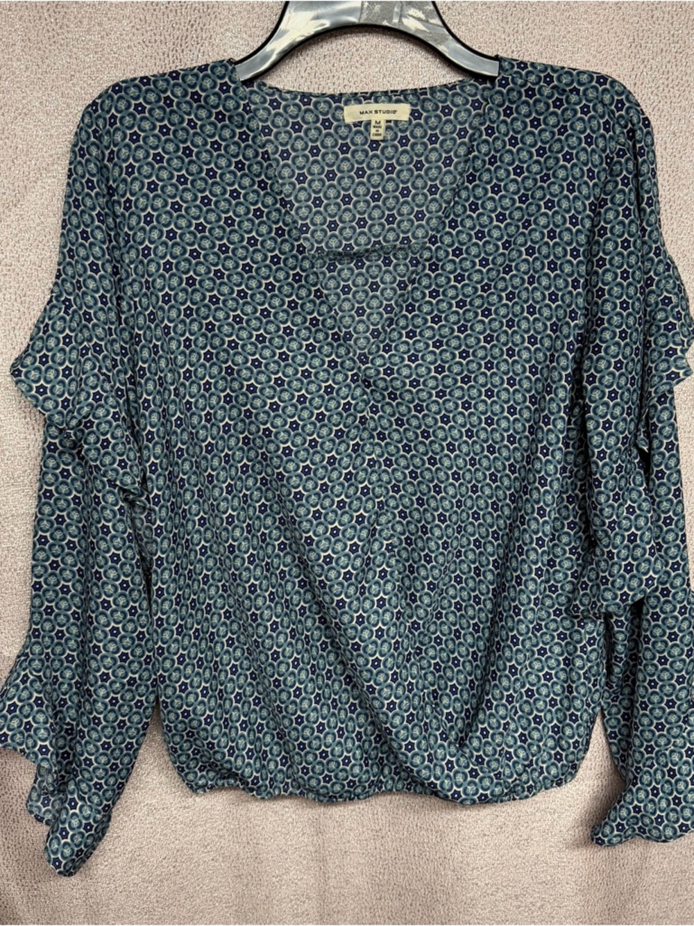 Max Studio Blue Patterned Blouson Long-Sleeve Top Women's Size M